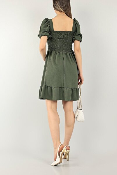 KaSheHa Koyu Yeşil Kare Yaka Fakir Kol Bürümcük Kumaş Gipeli Elbise 95 Cm