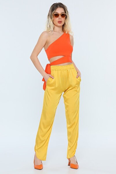 KaSheHa Hardal Cepli Yüksek Bel Paça Yırtmaçlı Bol Kesim Saten Pantolon 104 Cm
