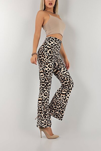 Siyah Kadın Koyu Leopar Desenli Yüksek Bel Süet Kumaş Ispanyol Paça Pantolon ...