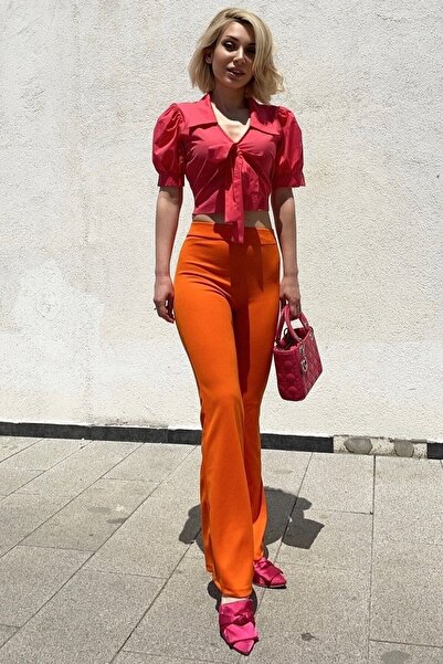 KaSheHa Turuncu Likralı Yüksek Bel Toparlayıcı Ispanyol Paça Tayt Pantolon 100 Cm