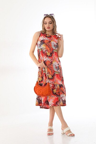 KaSheHa Kırmızı-hardal Desenli Kalın Askılı Eteği Pileli Dokuma Viskon Uzun Elbise 125 Cm