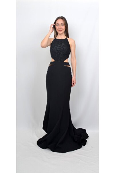 ALİS DRESS Siyah Bel Detaylı Sırtı Bağlamalı Abiye