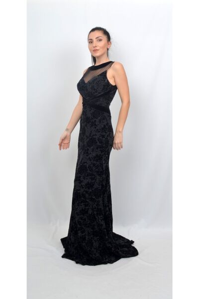 ALİS DRESS Kadın Siyah Simli Flok Baskılı Abiye