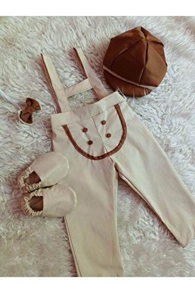 AgTasarım Krem kahve doğum günü konsept salopet papyon şapka ayakkabı takımı