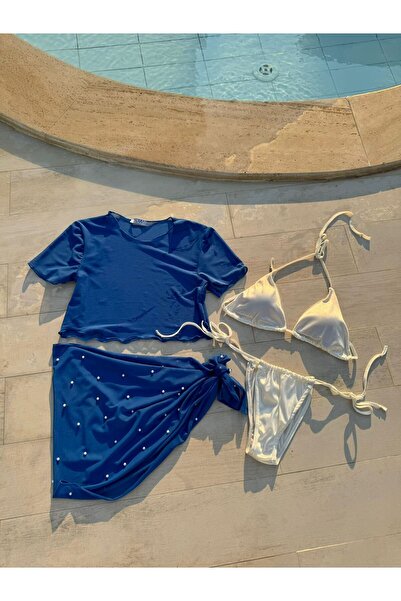 elifbilginbutik Kadın  mavi kısa  kollu crop incili alt bağlamalı brezilyan m...