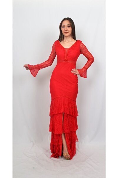 ALİS DRESS Kırmızı Yırtmaçlı Dantel Abiye