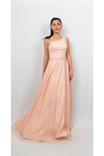 ALİS DRESS Kadın Somon Rengi Tek Omuzlu Kare Desenli Tül Abiye