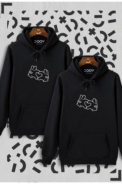 Marjill Lover Couple Combination - Heart Hand Design Μαύρο φούτερ με κουκούλα