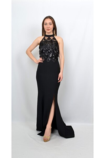ALİS DRESS Kadın Siyah Pul Işlemeli Yırtmaçlı Sırt Detaylı Abiye