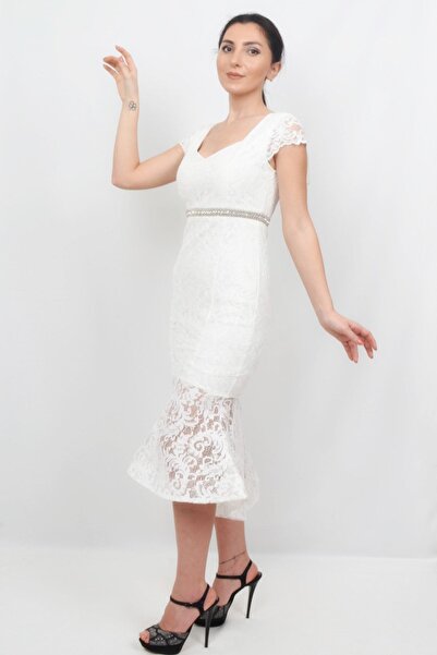 ALİS DRESS Kadın Beyaz Beli Taş Detaylı Dantelli Elbise