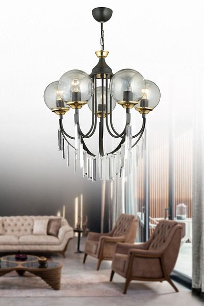 KARDELEN AYDINLATMA AVİZE Black Irmak 5-Piece Smoked Glass Luxury Upward Facing Crystal Stone Chandelier