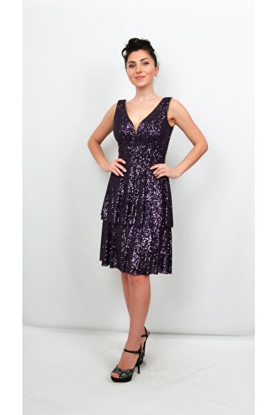 ALİS DRESS Kadın Mor Pul Işlemeli Elbise