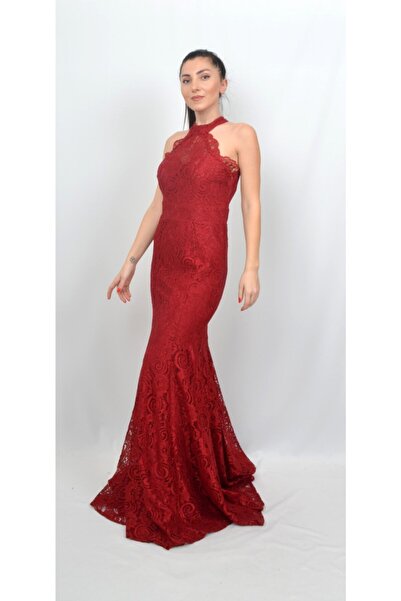 ALİS DRESS Kadın Bordo Dantel Balık Kesim Abiye