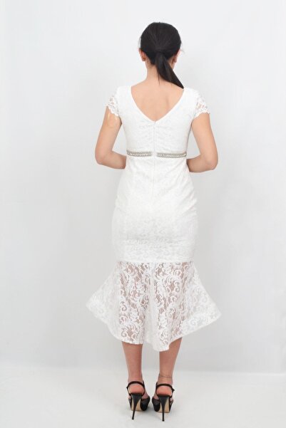 ALİS DRESS Kadın Beyaz Beli Taş Detaylı Dantelli Elbise