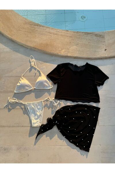 elifbilginbutik Kadın  siyah kısa  kollu crop incili alt bağlamalı brezilyan ...