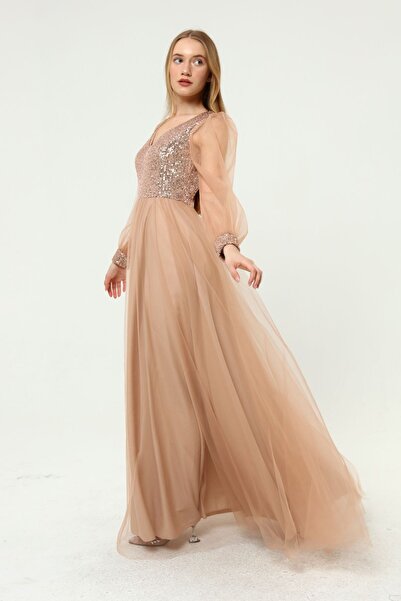 Asees Payet Detaylı V Yaka Tül Abiye Elbise