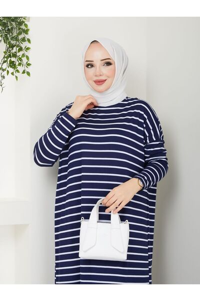 MODAMÜNASİP Φορέστε το υπέροχο μας χτενισμένο βαμβακερό ριγέ φόρεμα που δεν αναγνωρίζει τη γραμμή της μέσης