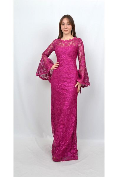 ALİS DRESS فستان سهرة نسائي من الدانتيل اللامع بأكمام مرفوعة باللون الوردي