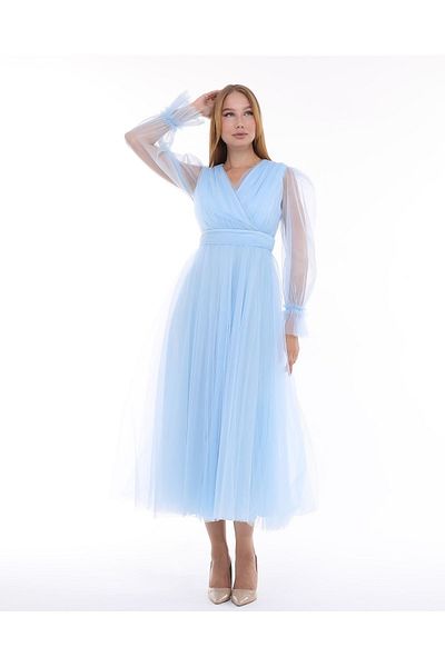 Asees Front Double Breasted Long Sleeve Tulle Evening Dress