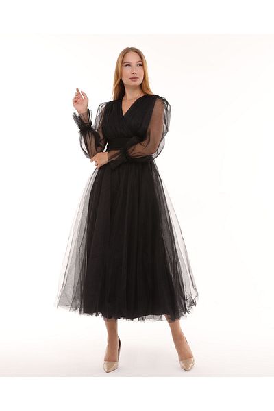 Asees Front Double Breasted Long Sleeve Tulle Evening Dress