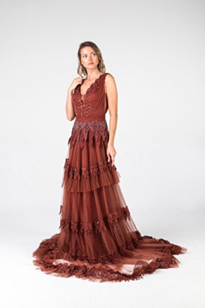 ALİS DRESS Tarçın Rengi Kat Kat Etekli Taşlı Otrişli Dantel Abiye