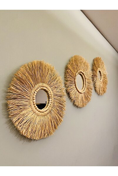 Genel Markalar Bohem Rafya Ayna Seti Dekoratif Üçlü Ayna Duvar Süsü Boncuk Detaylı