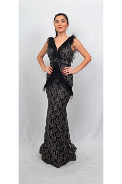 ALİS DRESS Kadın Siyah Dantel İşlemeli Otrişli Sırtı Bağlamalı Abiye Elbise