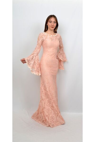 ALİS DRESS Kadın Somon Rengi Kolları Volanlı Dantel Abiye Elbise