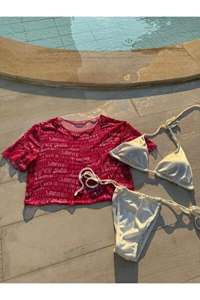 elifbilginbutik تي شيرت نسائي بنمط Amor - موديل برازيلي، طقم بيكيني أبيض ساتا...