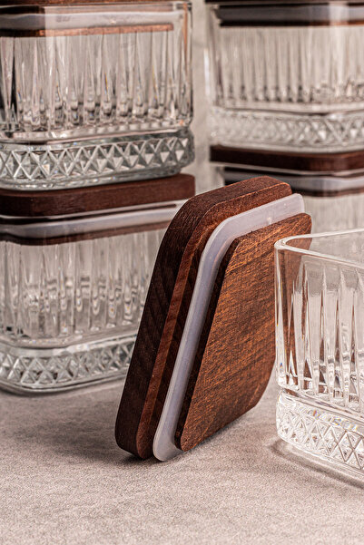 Snippy Bella Kare 4'lü Ahşap Vakumlu Kare Kapaklı Cam Kahvaltılık Çok Amaçlı Cam Çerezlik 230 ml