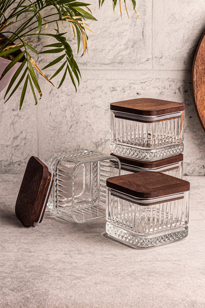 Snippy Bella Kare 4'lü Ahşap Vakumlu Kare Kapaklı Cam Kahvaltılık Çok Amaçlı Cam Çerezlik 230 ml