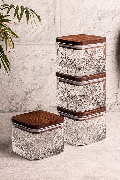 Snippy Milla Square 4-Piece Wooden Vacuumed Square Glass Breakfast Multi-Purpose Glass Snack Bowl with Lid 230 ml