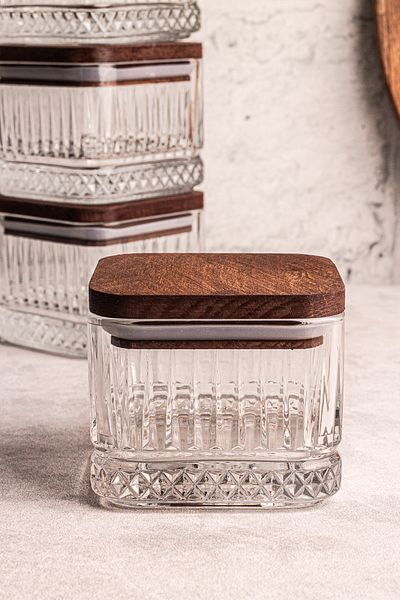 Snippy Bella Square 4-Piece Wooden Vacuumed Glass Breakfast Multi-Purpose Glass Snack Bowl with Square Lid 230 ml