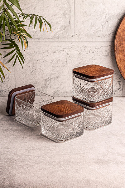 Snippy Milla Kare 4'lü Ahşap Vakumlu Kare Kapaklı Cam Kahvaltılık Çok Amaçlı Cam Çerezlik 230 ml