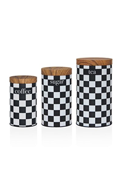 Doğa Dizayn Bamboo Lid Look Metal Checkerboard Pattern 3-Piece Tea Sugar Coffee Storage Container/Jar MRS-3037DM