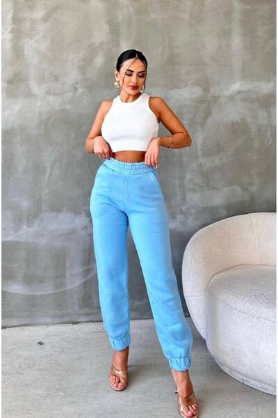 Siyah Kadın Bebek Mavisi Beli Ve Paçası Lastikli Üç Iplik Içi Polarlı Örme Eşofman Altı 95 Cm