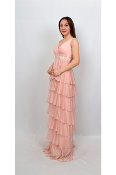 ALİS DRESS Pembe Bel Detaylı Simli Kat Kat Abiye