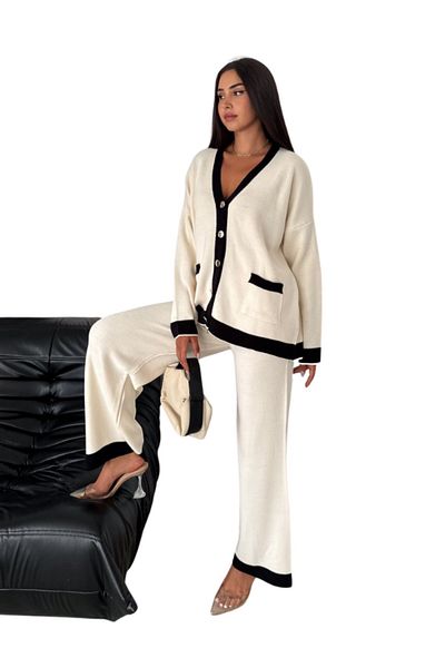 WOMAN VISION Knitwear Women's Double Set - Metal Buttoned Cardigan and Wide Leg Trousers LAP-002