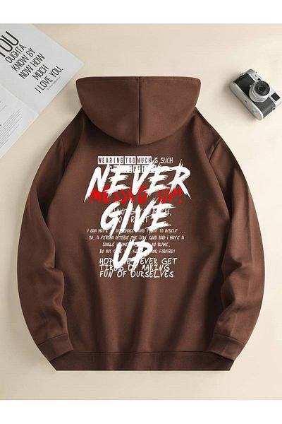 AMMA Unisex Oversize Winter Never Give Up Φούτερ με κουκούλα με κουκούλα - 3 νήματα