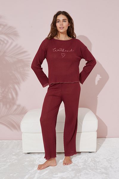 Siyah İnci Claret Red Thin Cotton Pajama Set with Embroidery Detail - Seasonal