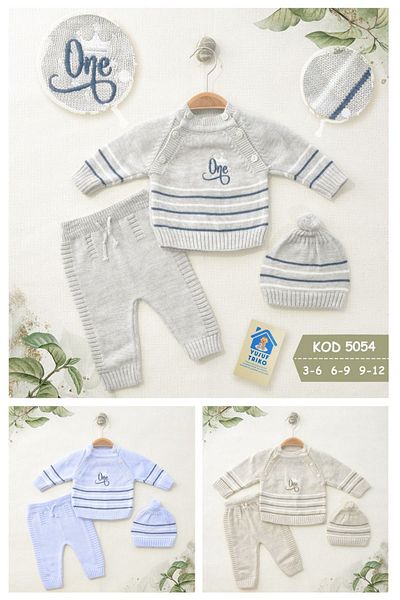 timpy kids Gray Color 3-Piece Baby Knitwear Men's Set with One Hat Gray Color