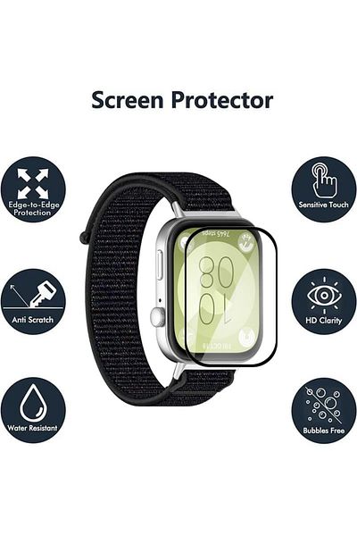 Fibaks Huawei Watch Fit 3 - واقي شاشة لساعة الحيوانات الأليفة باللون الأسود المغطى بالكامل