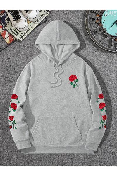AMMA Unisex Oversize Hooded Roses Φούτερ με στάμπα - Χειμερινό φούτερ με 3 κλωστές