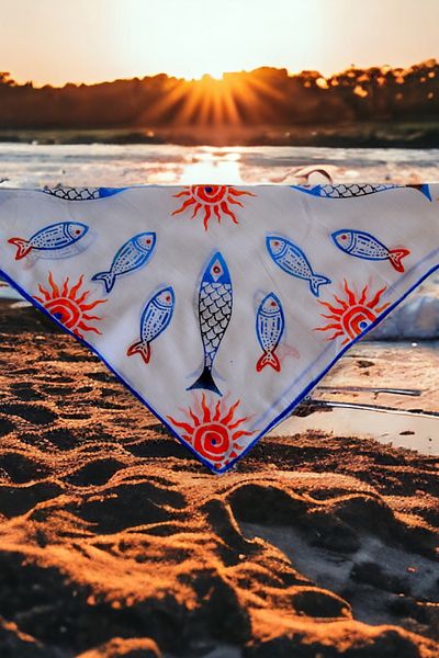 leillART White Fish Patterned Cotton Women's Hair Bandana - Handmade