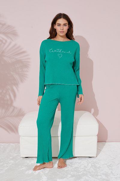 Siyah İnci Green Embroidered Thin Cotton Seasonal Pajamas Set