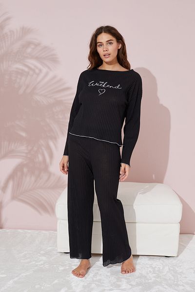 Siyah İnci Black Thin Cotton Embroidered Seasonal Pajamas Set