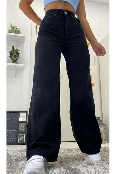 LAMİRAMOOD Μαύρο φαρδύ παντελόνι Palazzo ψηλόμεσο Lycra Super Quality Jeans