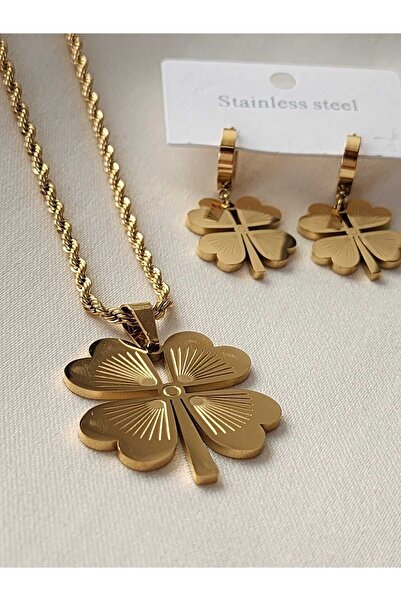 ZÜLİSCH YONCA ÇELİK KOLYE KÜPE SETİ GOLD BURGU KOLYE