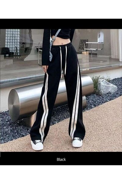 EDVESS Μαύρο ριγέ παντελόνι με ψηλή μέση - Streetwear Fashion Casual παντελόνι