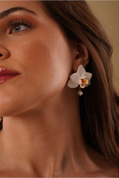 Gizy Store Orchid Earring Flower with Pearl White Polymer Clay Earring